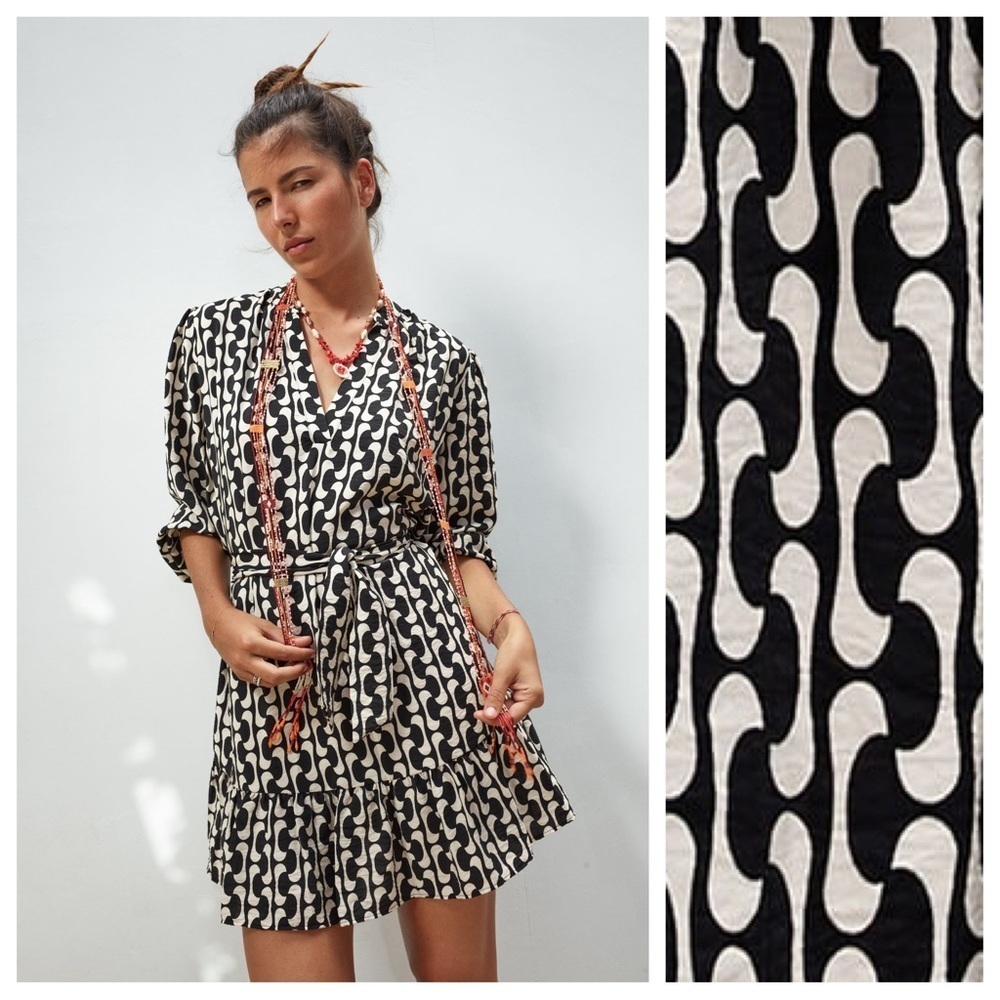 🌹NWT. Zara Black/Ecru Printed Mini Dress. Size S.